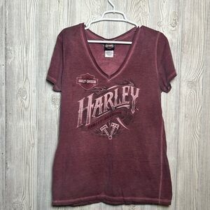 Harley Davidson Built For Bikers Women's Maroon V Neck T Size Large